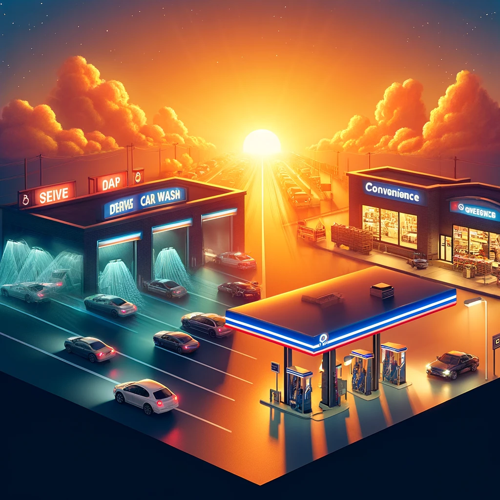 A serene sunset scene on a street featuring three separate facilities: a drive-through car wash with a queue of cars, a gas station with customers at the pumps in the middle, and a brightly lit convenience store, each serving the community in its unique way and showcasing how easy it is to get commercial financing for a car wash