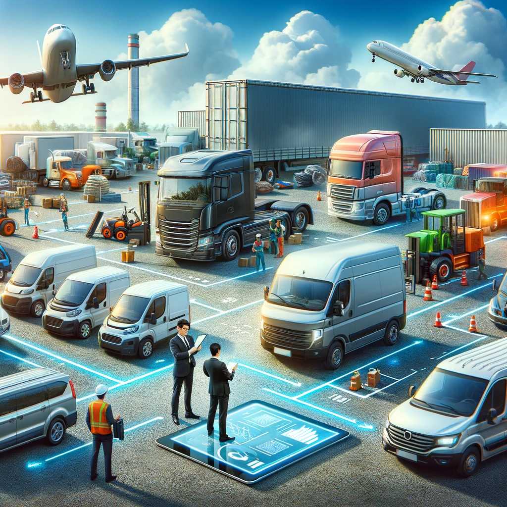 Outdoor logistics hub with a variety of commercial vehicles ready for dispatch. A business owner and financial advisor discuss financing options beside the vehicles, highlighting the essential role of financial planning in supporting logistics and distribution operations.