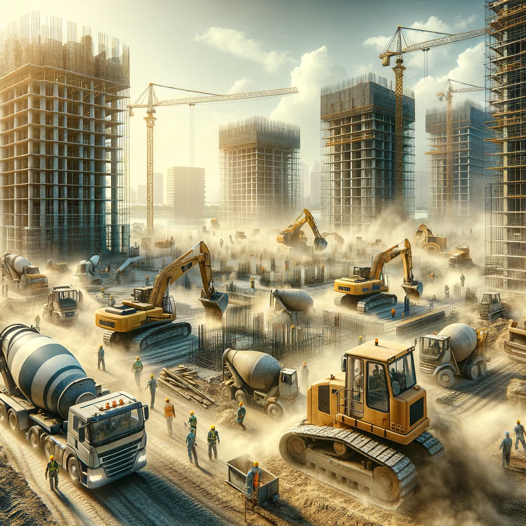 A bustling construction site filled with bulldozers, excavators, and concrete mixers hard at work under a clear sky. Workers in safety gear actively engage with the machinery, overseeing the earthmoving, foundation laying, and concrete pouring, embodying the progress and energy of a large-scale construction project.