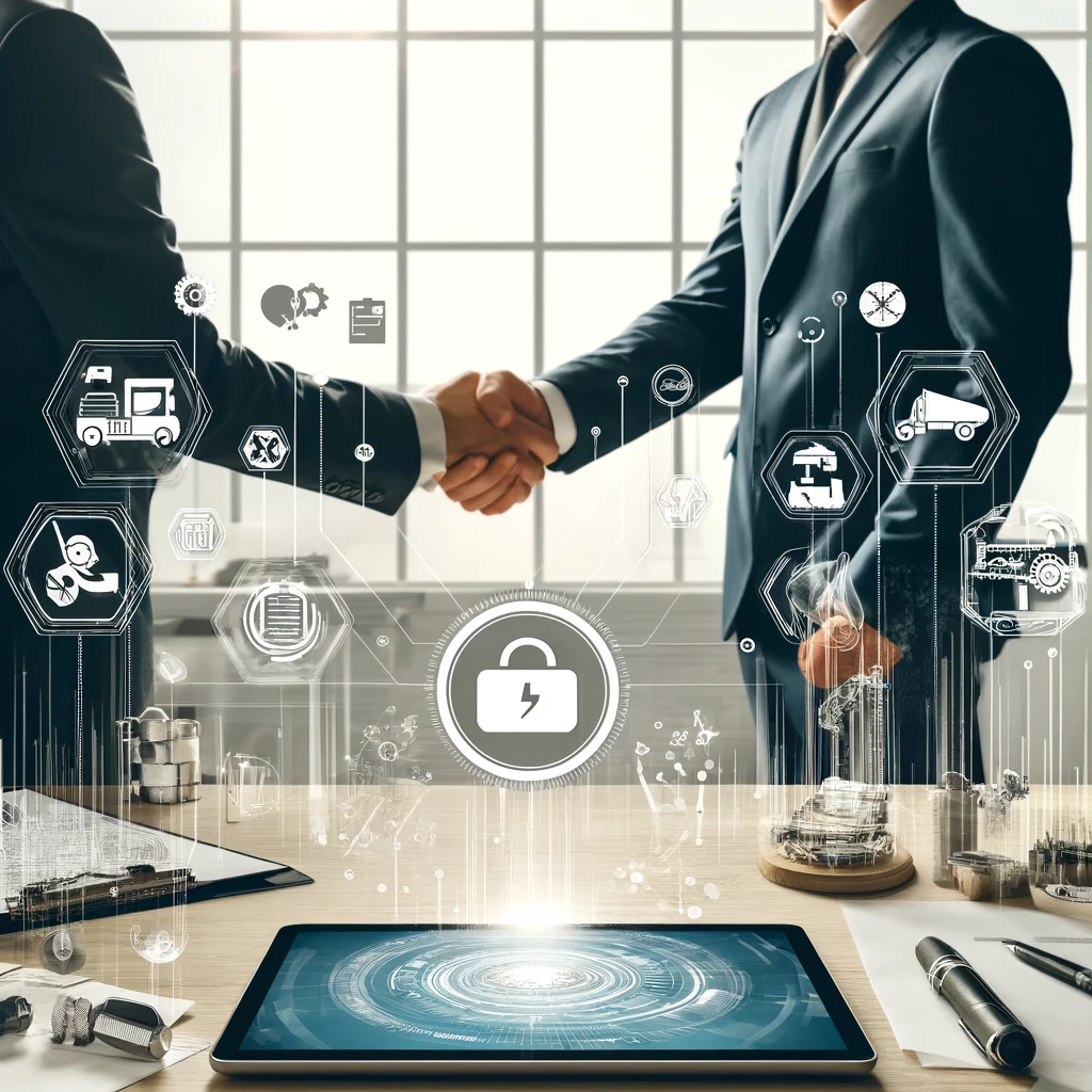 Professional meeting between a business owner and a commercial financing representative in a modern office, symbolizing a partnership. The desk features a digital tablet with a finance application, with equipment financing options subtly present in the background, representing a range of industries served.