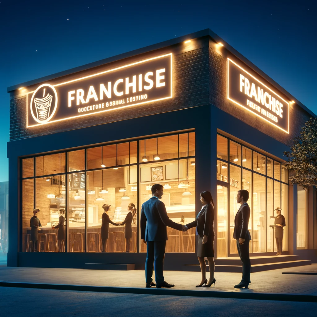 A bustling franchise restaurant or retail store at dusk, showcasing distinctive branding and a lively atmosphere. A franchise owner and financial advisor shake hands outside, under the glow of the brand's logo, representing the successful planning and partnership that fuel the franchise's operations.