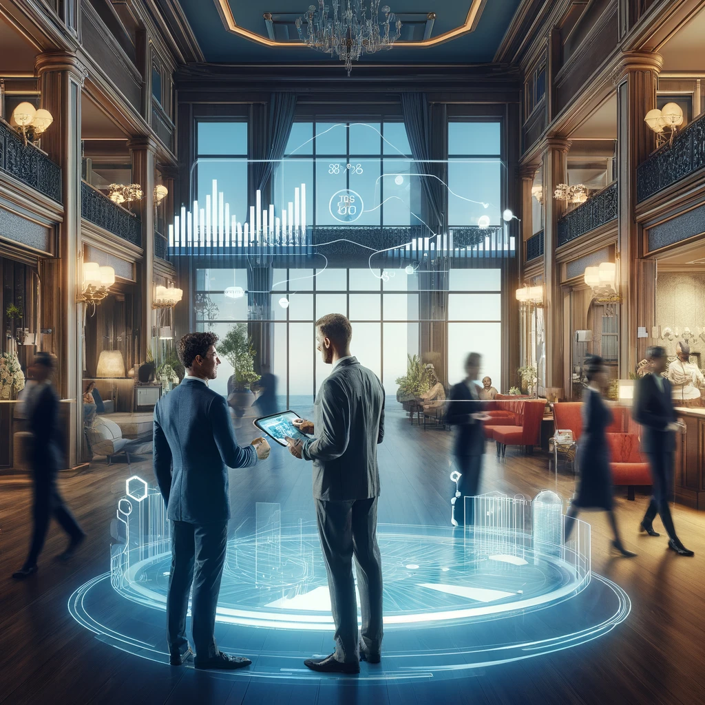An upscale hotel lobby illuminated with warm light, where a hotel manager and a financial advisor discuss financial business loan option on a digital tablet near the reception desk. The scene is vibrant with guests and staff, highlighting the seamless integration of top-tier service and strategic financial management in the hospitality industry.