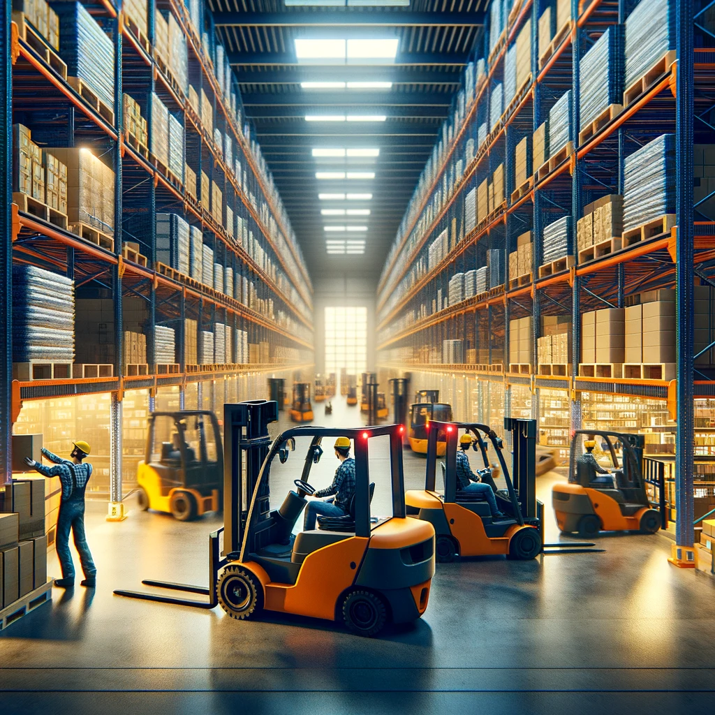 A dynamic industrial warehouse scene with forklifts actively moving goods, operated by workers in safety gear. The warehouse is stocked with various materials on high shelving, highlighting the logistical prowess and organization required in material handling. Bright lighting enhances the visibility of the ongoing activities, emphasizing productivity and motion.
