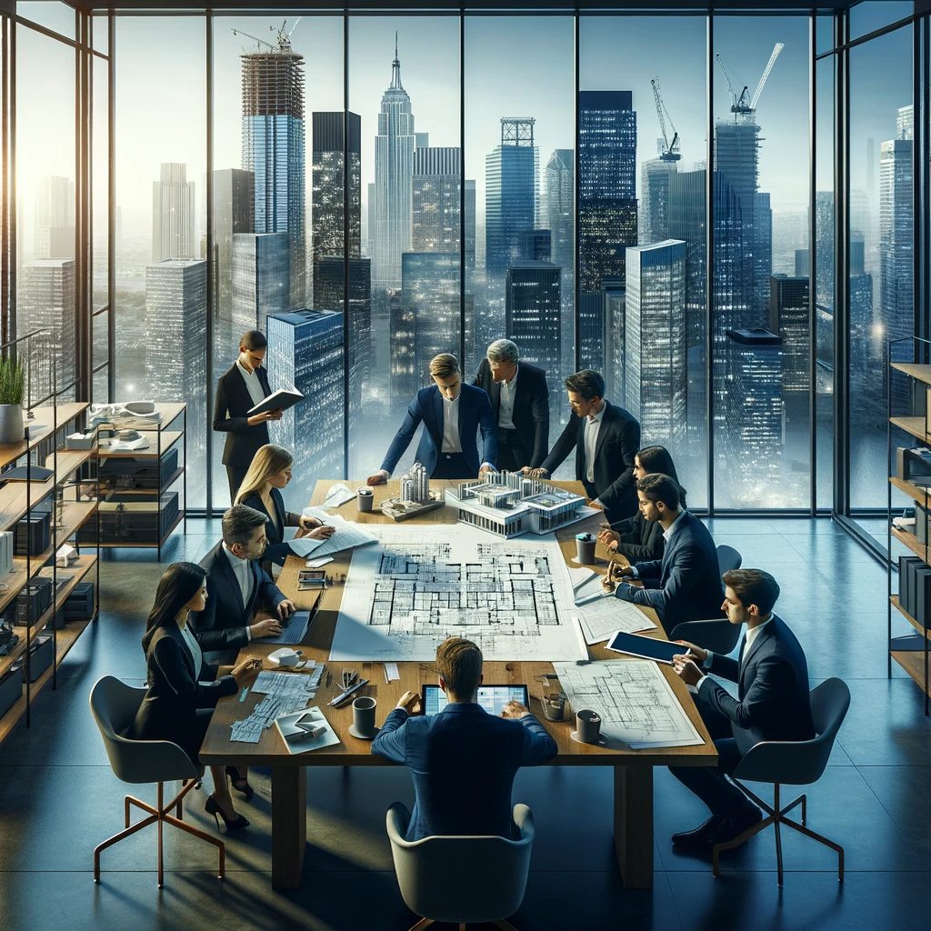 A team of professionals collaborates in a modern office, discussing over blueprints, architectural models, and financial charts for a major project, with the city skyline in view. This scene highlights the synergy between architectural creativity, financial analysis, and strategic planning in project financing.