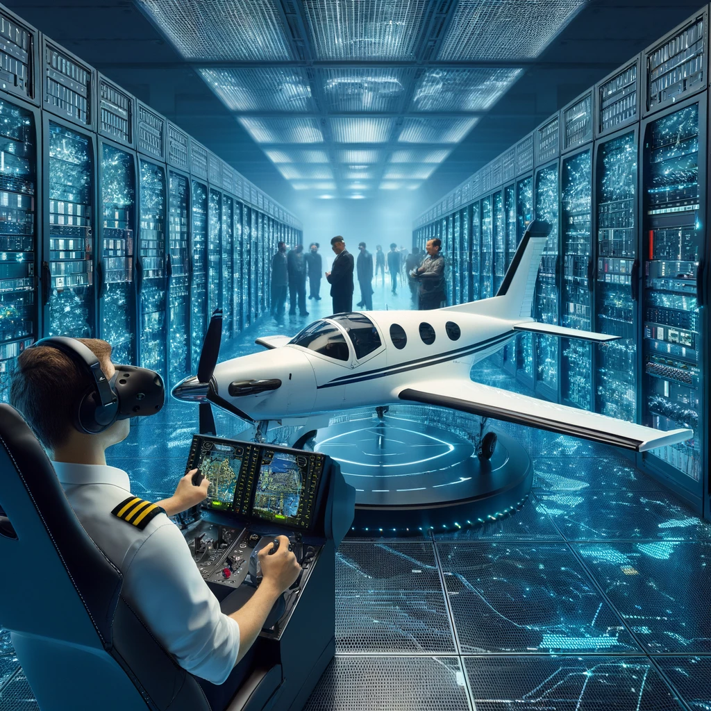 An advanced aviation training scene with a Pilatus aircraft flight simulator at the core, surrounded by a data center with LED-lit server racks. Pilots and students, using VR headsets, engage with the simulator's controls, blending physical and digital realms for an immersive learning experience