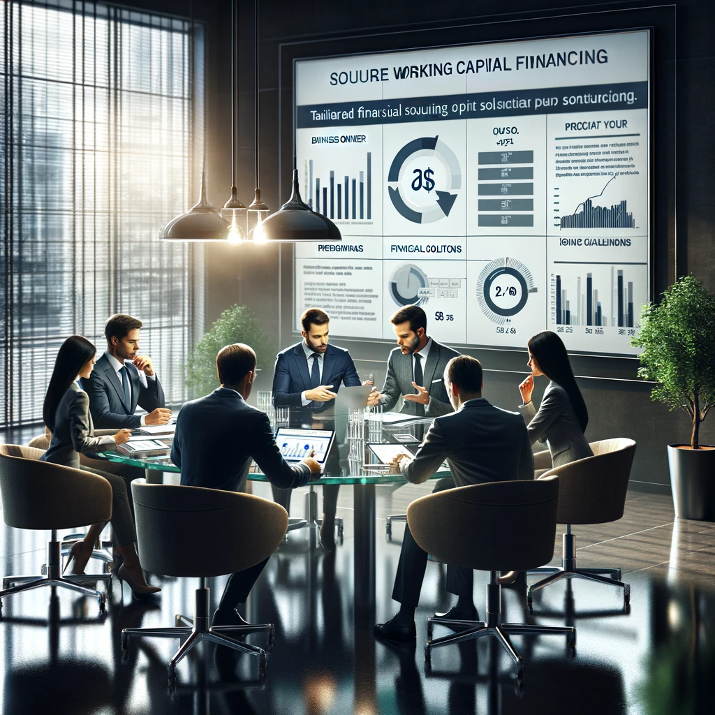 Dynamic office scene with professionals gathered around discussing financial documents and digital projections. In the center, a business owner consults with a financial advisor, highlighting personalized solutions on a tablet. The setting conveys collaboration and tailored financial support for diverse working capital needs.